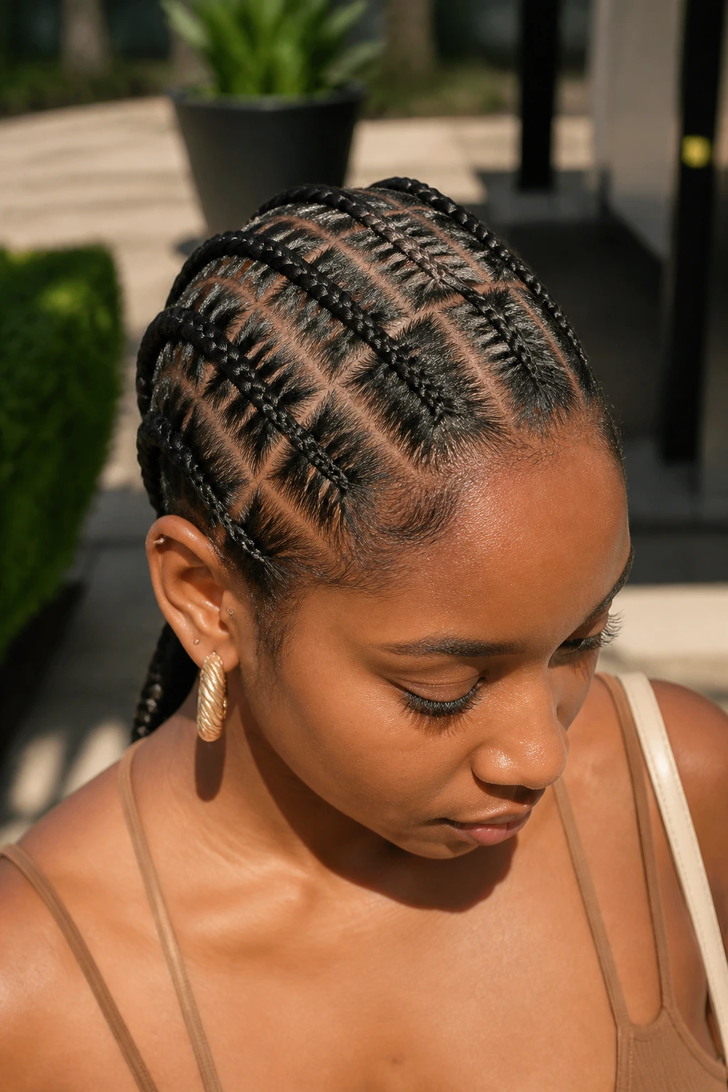 Close-up of crisscross cornrows along the scalp on a real person