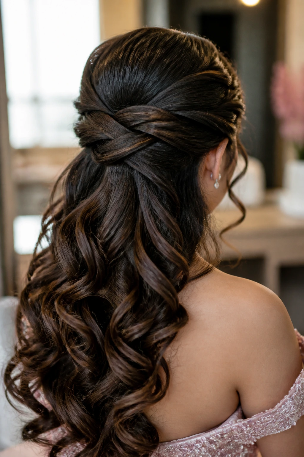 Back view close-up of a real woman wearing a crisscross half-up style with curls in a softly lit dressing room
