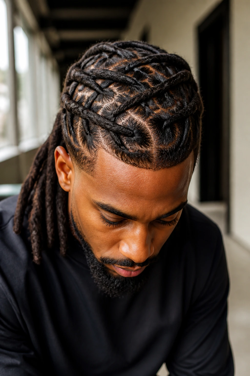 Medium close-up of a man with crisscross loc wraps on his head