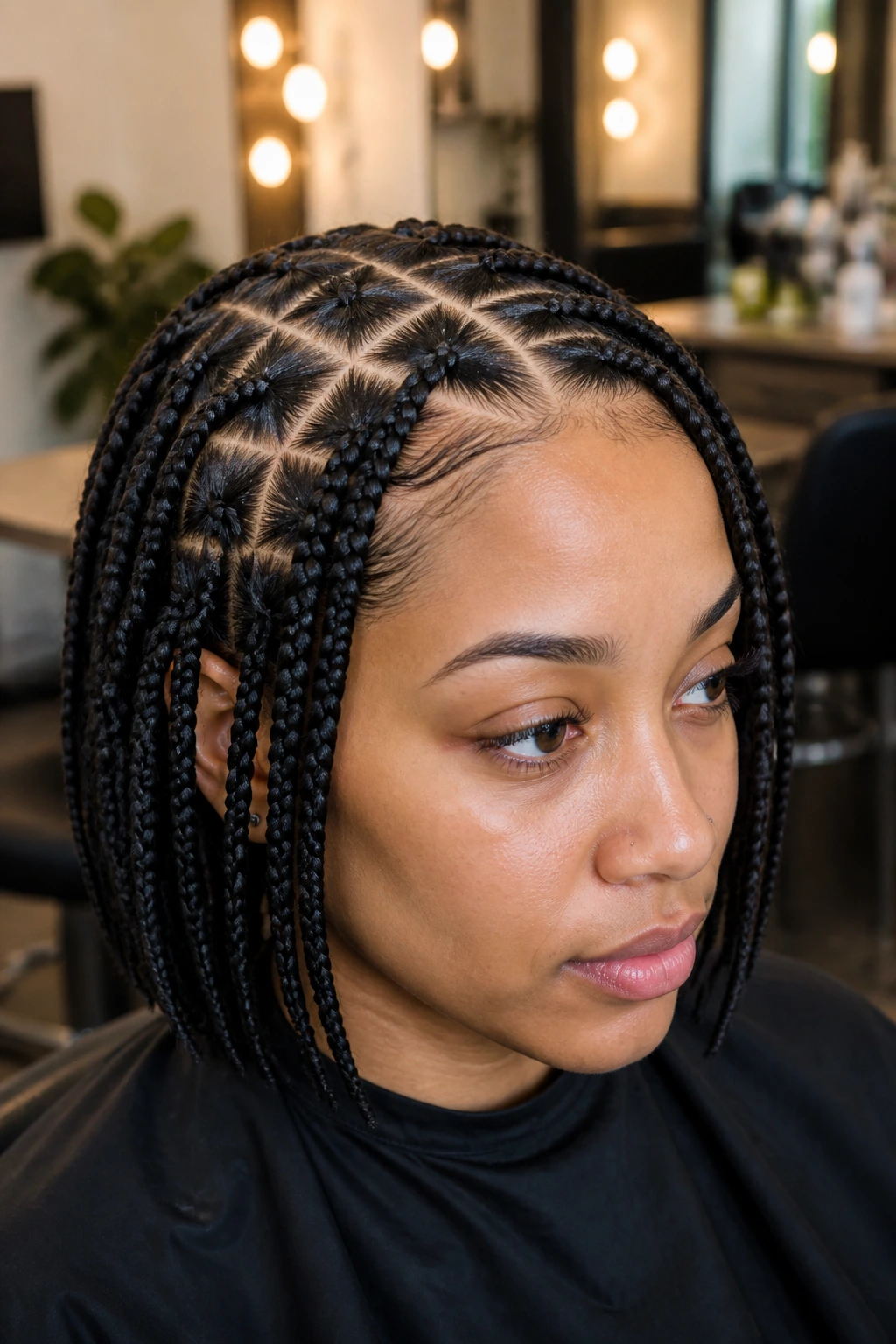 Close-up of a real woman with crisscross part box braids showing architectural scalp design