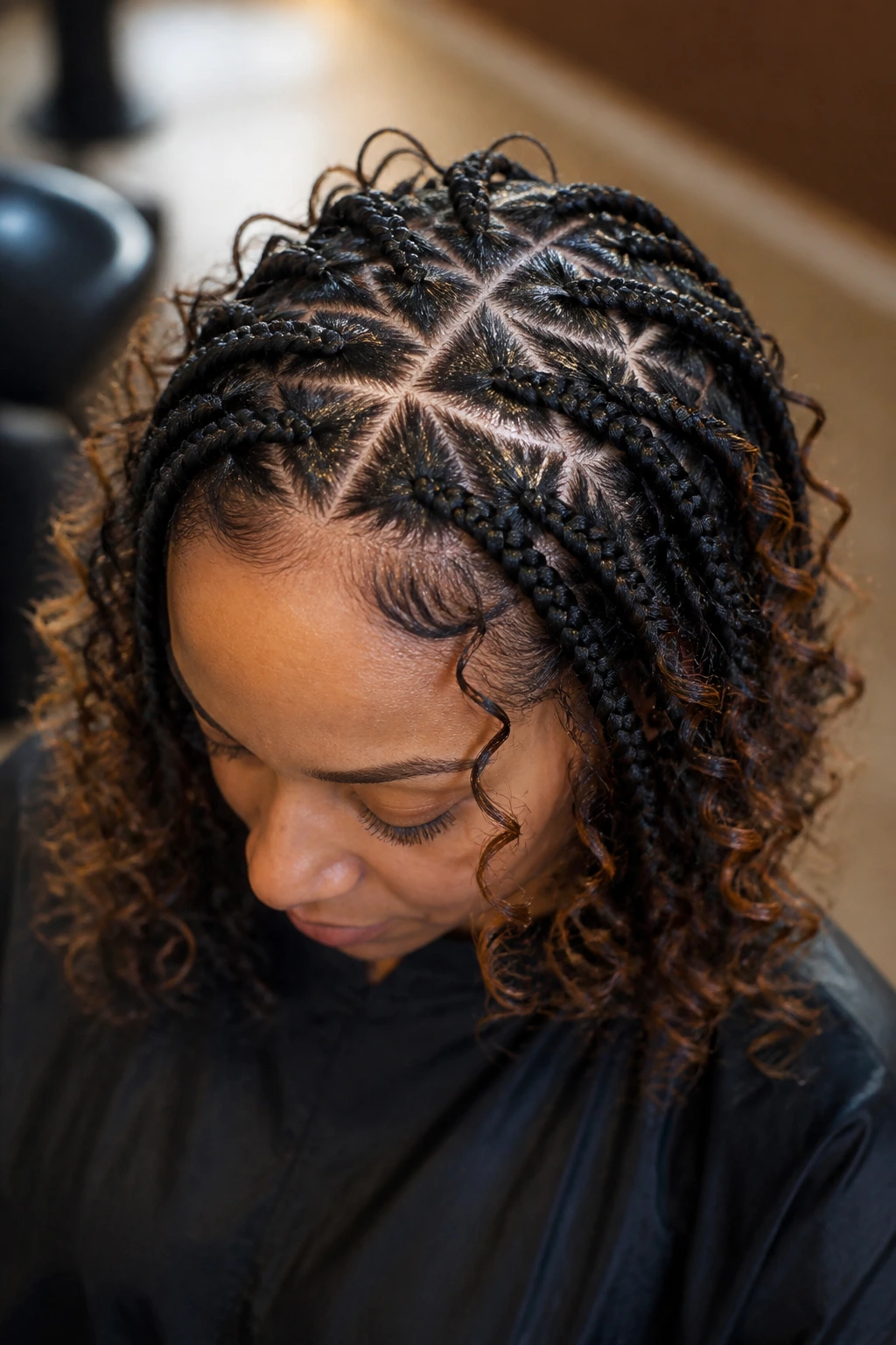 Close-up crown shot of crisscross-part braids on a real person in a salon-like setting.