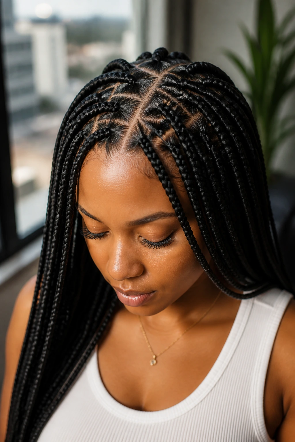 Real woman with crisscross part box braids at the hairline