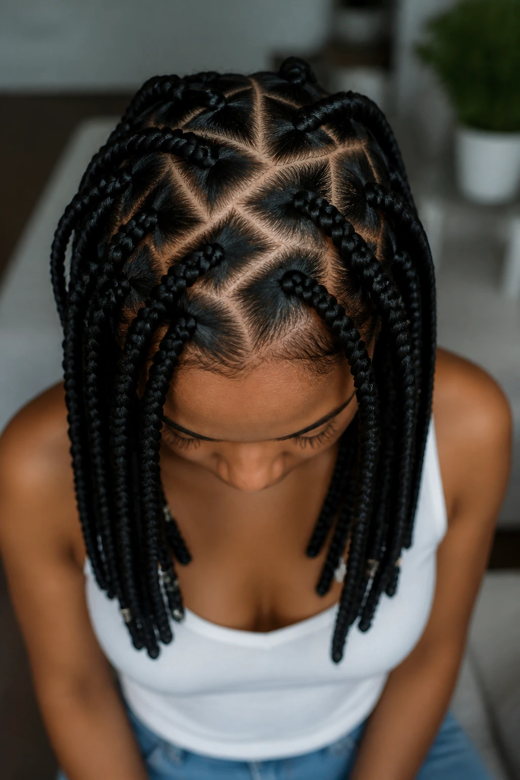 Close-up of real woman showing crisscross part box braids at crown.