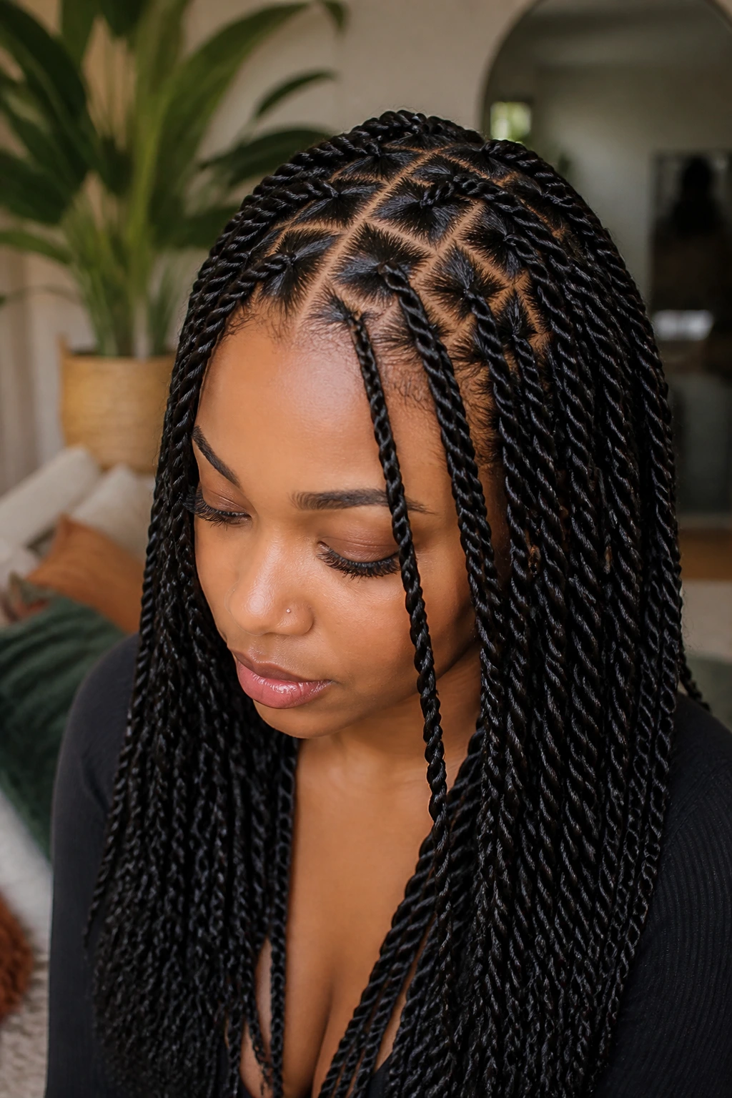 Portrait of a woman with crisscross part Senegalese twists showing intersecting scalp parts