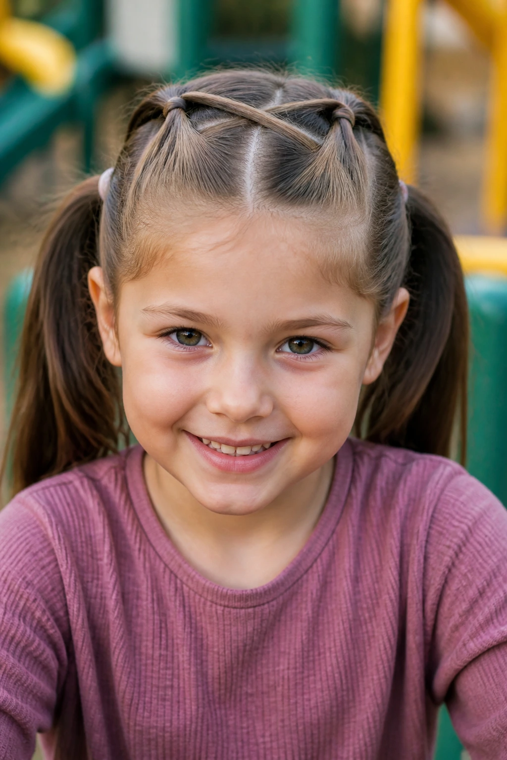 Close-up of a girl with crisscross front strands and two pigtails outdoors