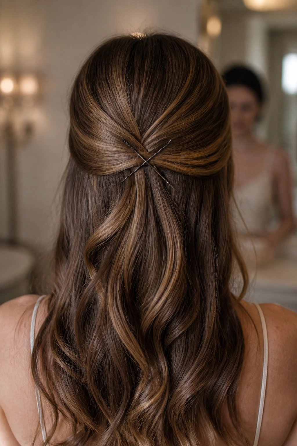 Back view of a real woman with crisscross pin-back half-up hairstyle