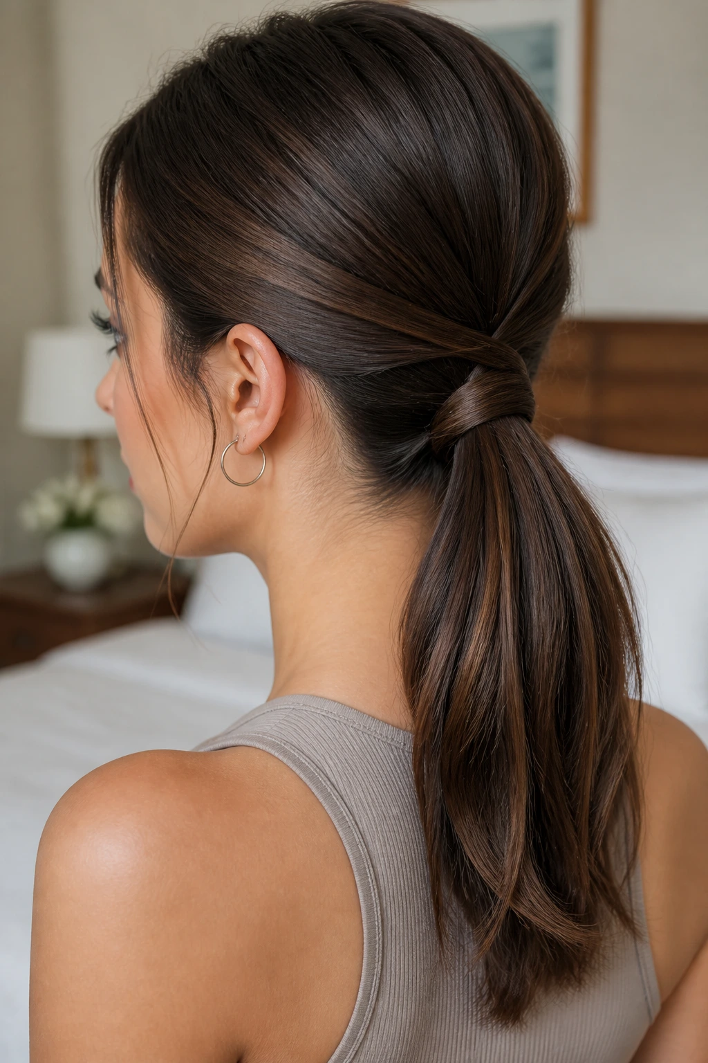 Close-up of a real woman with a crisscross base hiding the elastic in a ponytail