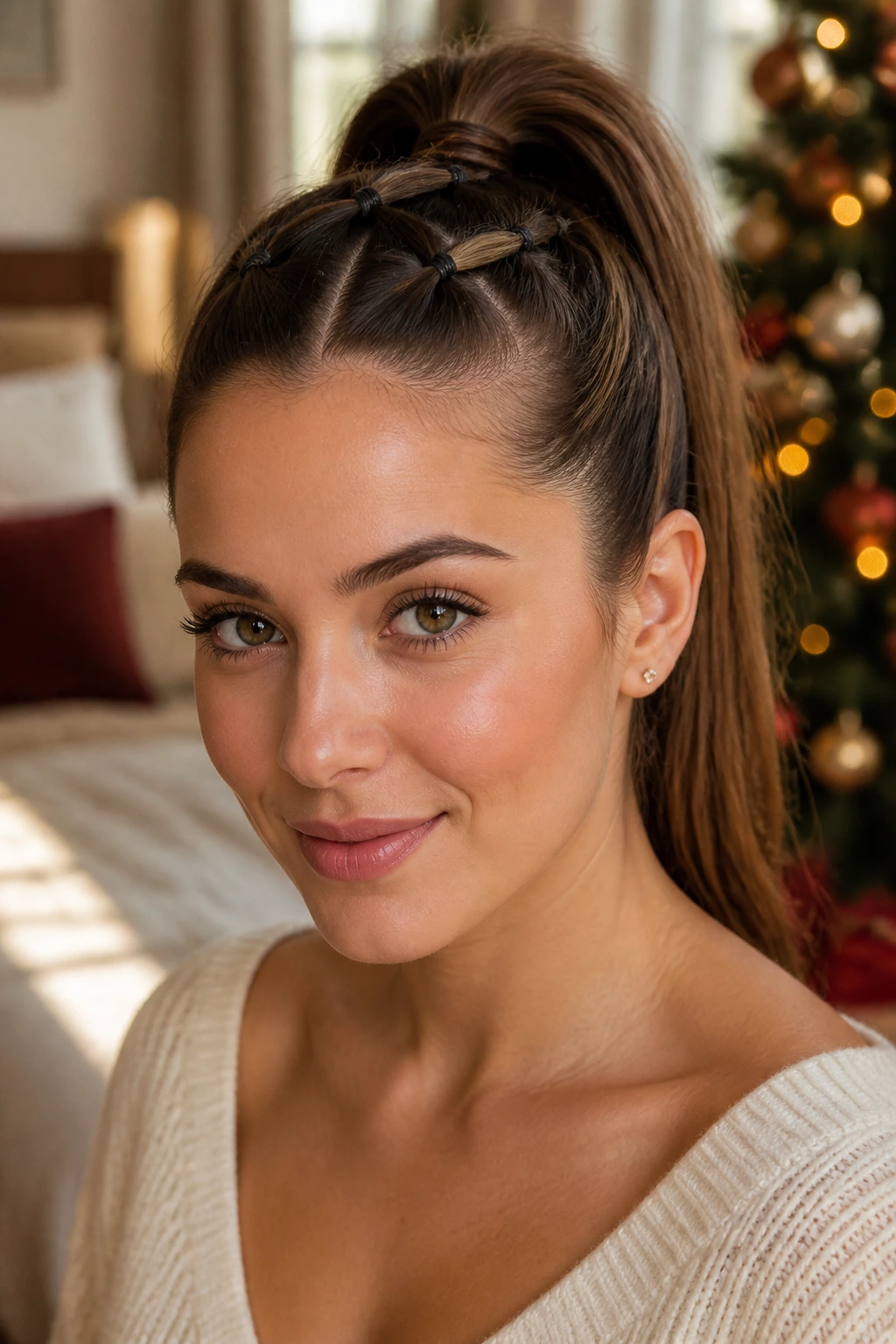 Close-up of a real woman with a crisscross elastic ponytail in warm bedroom light