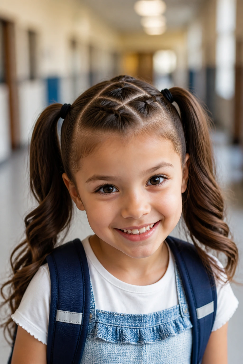 Girl with crisscross ponytails in a school setting.