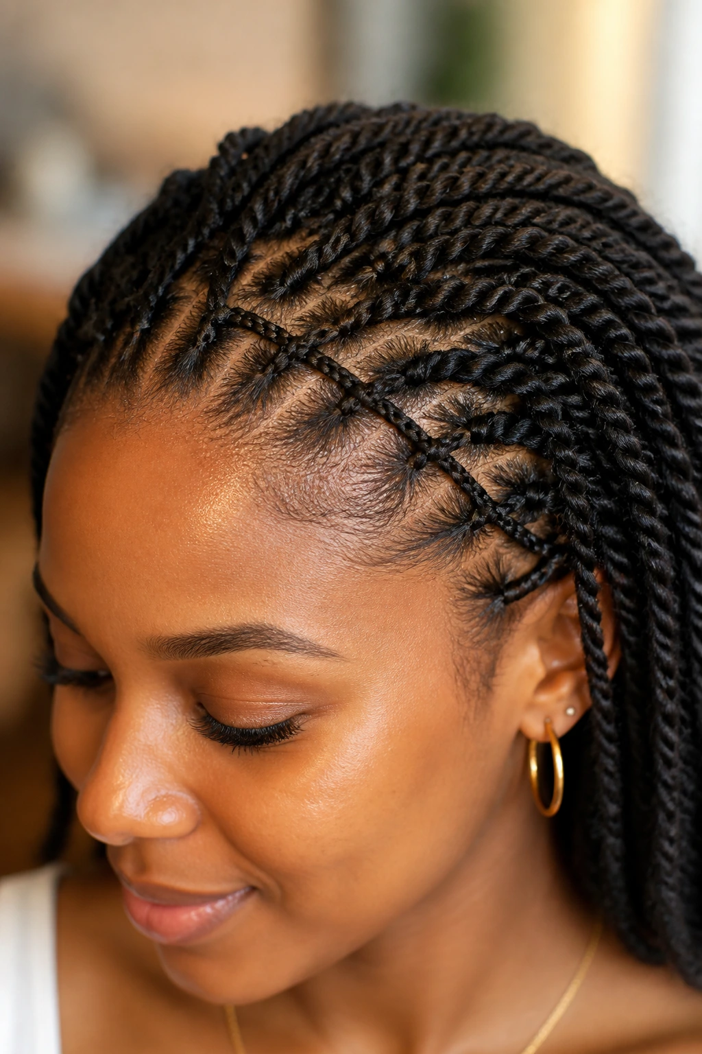 Close-up of crisscross twists at the hairline on a real person.