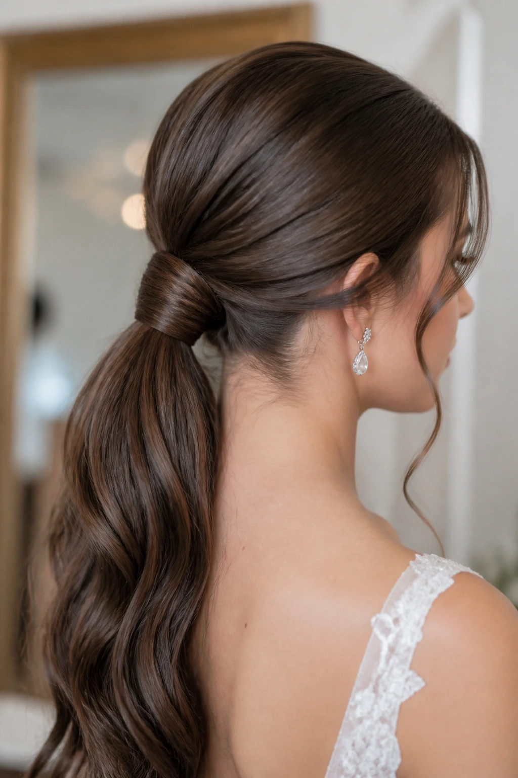 Close-up of crisscross wrapped ponytail showing woven wraps around the base