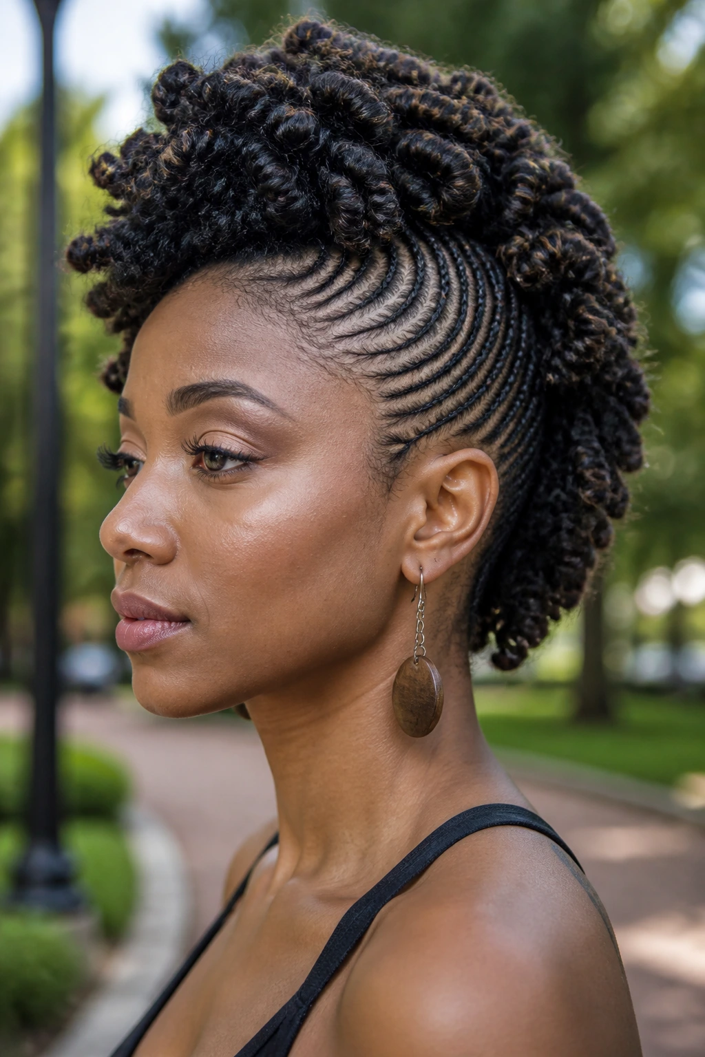 Close-up of a woman with crochet braid frohawk against a park background.