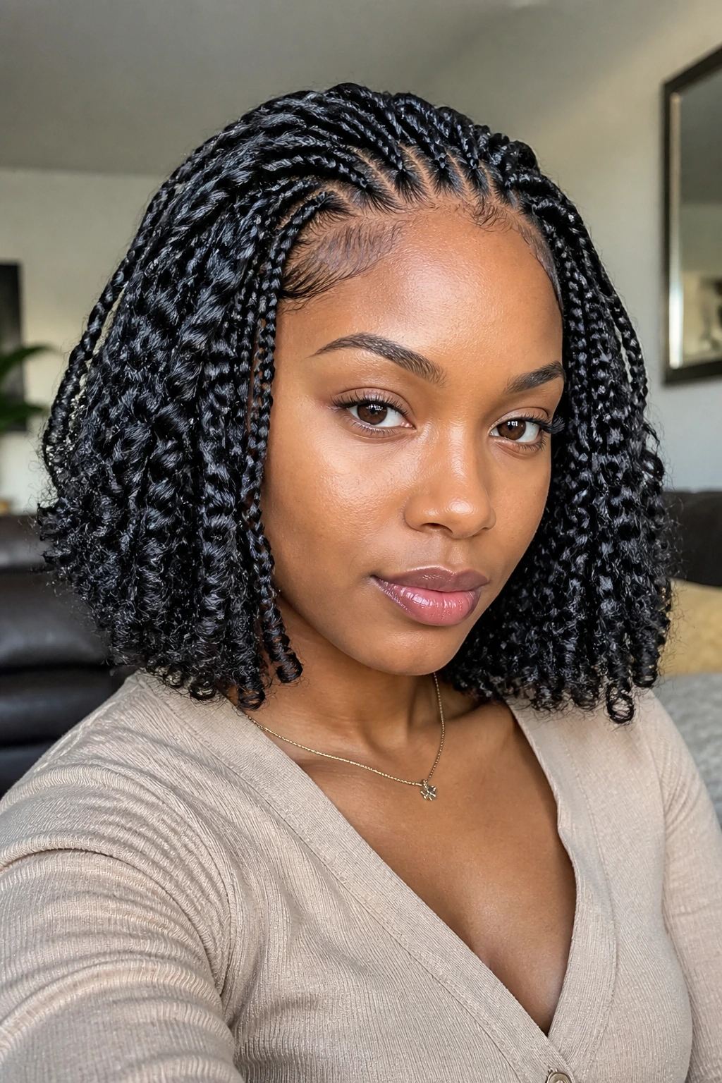 Close-up of crochet braided bob hairstyle on a real woman in a cozy living room