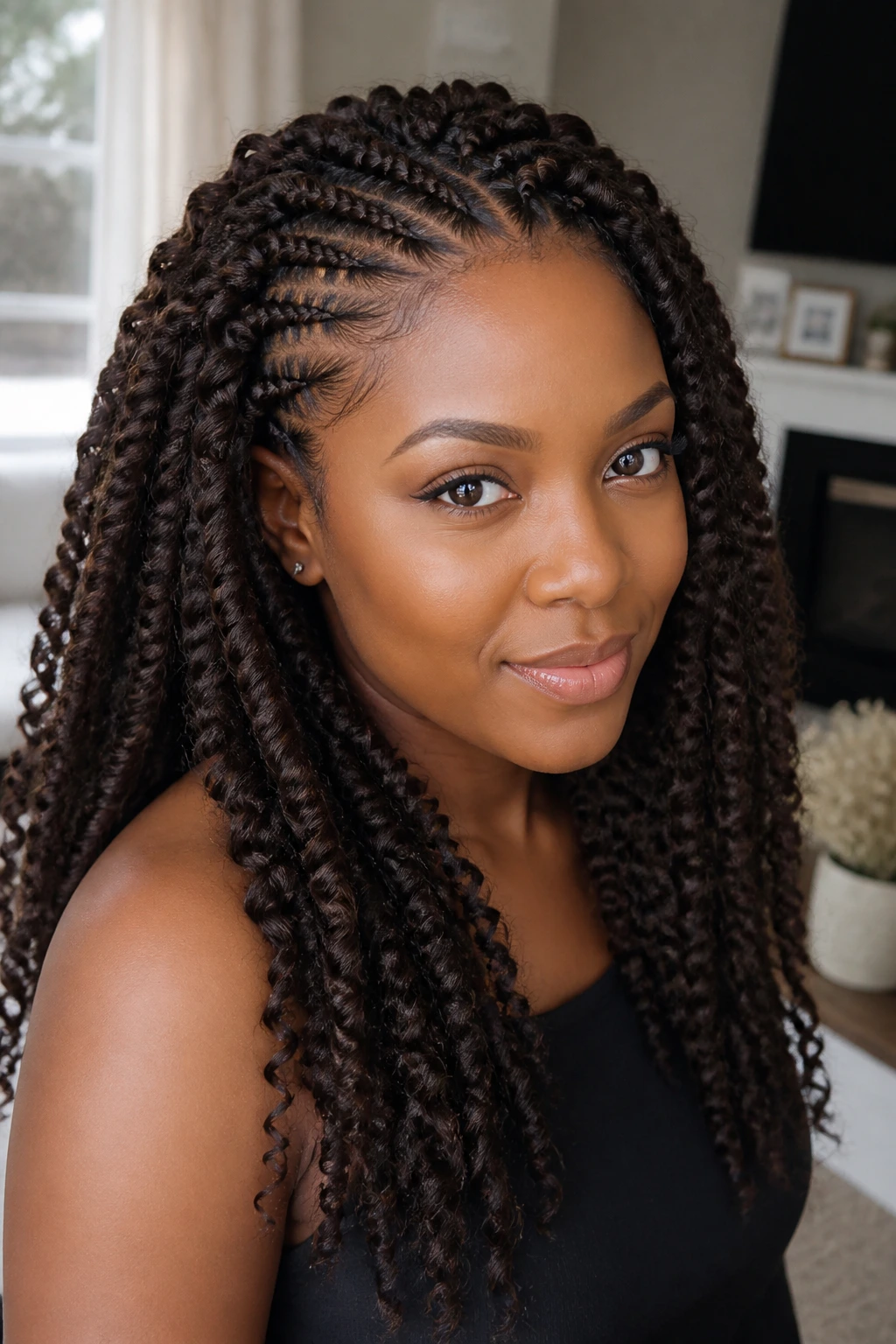Real person wearing crochet braids in a close-up portrait
