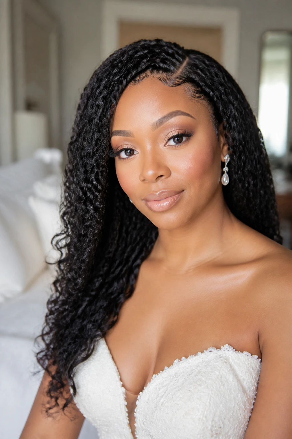 Real woman with crochet braids, side part and sweep