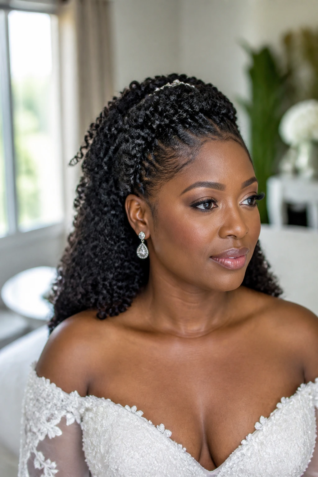 Bride with crochet curls pulled back half-up in bridal suite