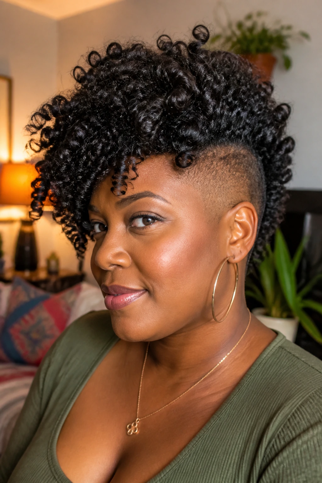 Close-up of crochet curls over a shaved side on a real person