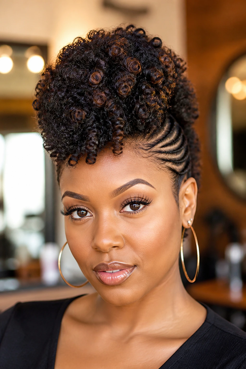 Crochet curly mohawk on a real woman in a sunlit studio