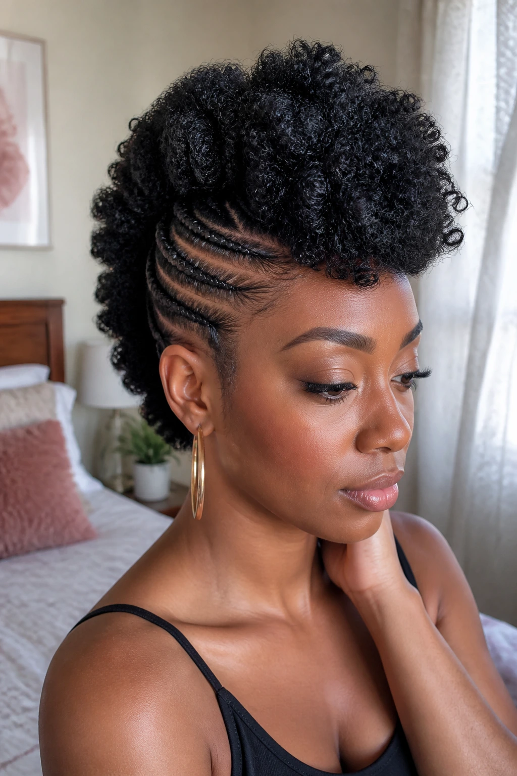 Close-up of a real Black woman with crochet frohawk featuring braided base and raised center ridge.