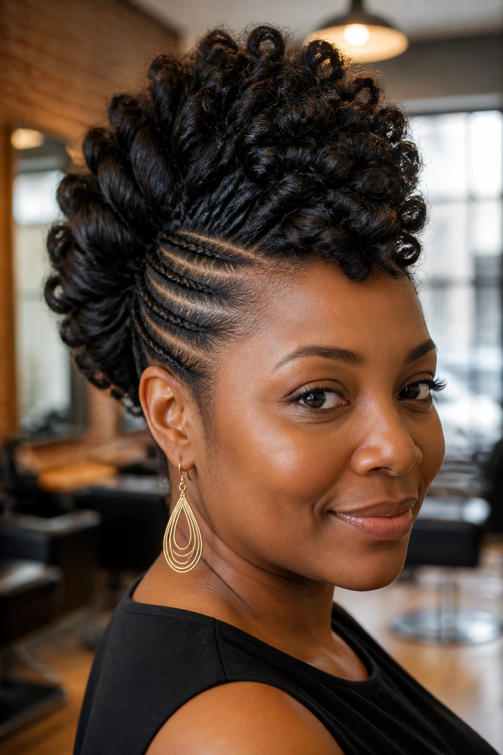Close-up portrait of a real Black woman wearing crochet hawk with center ridge and braided sides