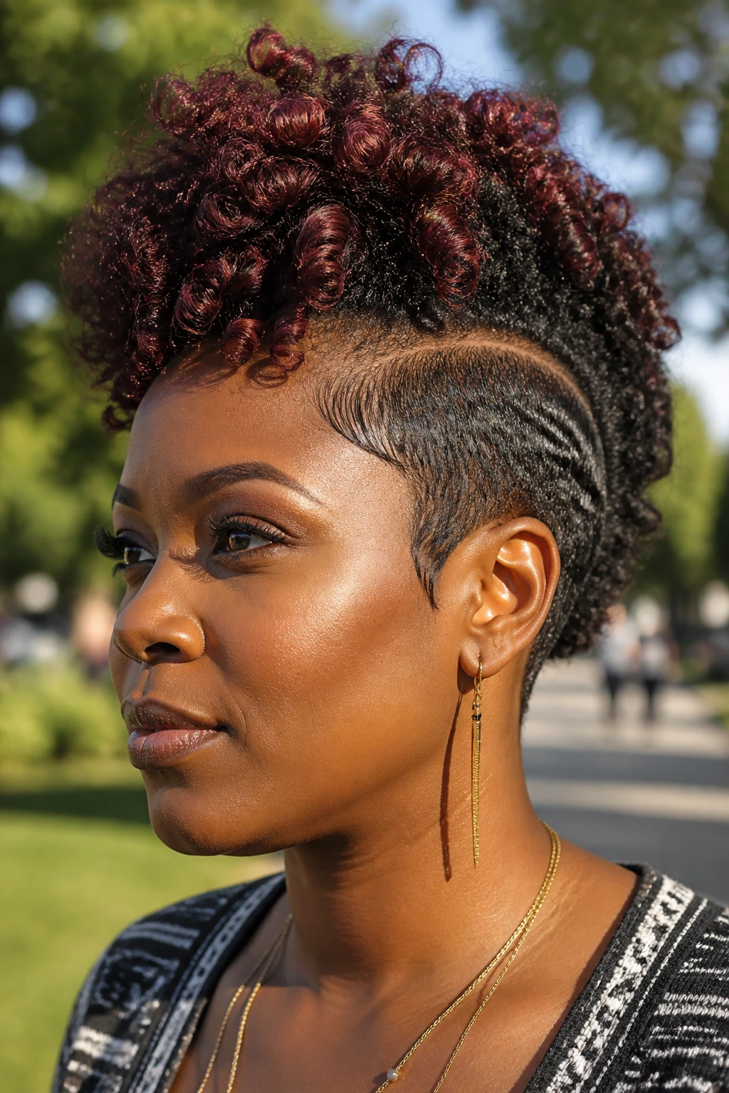 Close-up portrait of a real Black woman with crochet mohawk featuring burgundy crown accent in sunlight