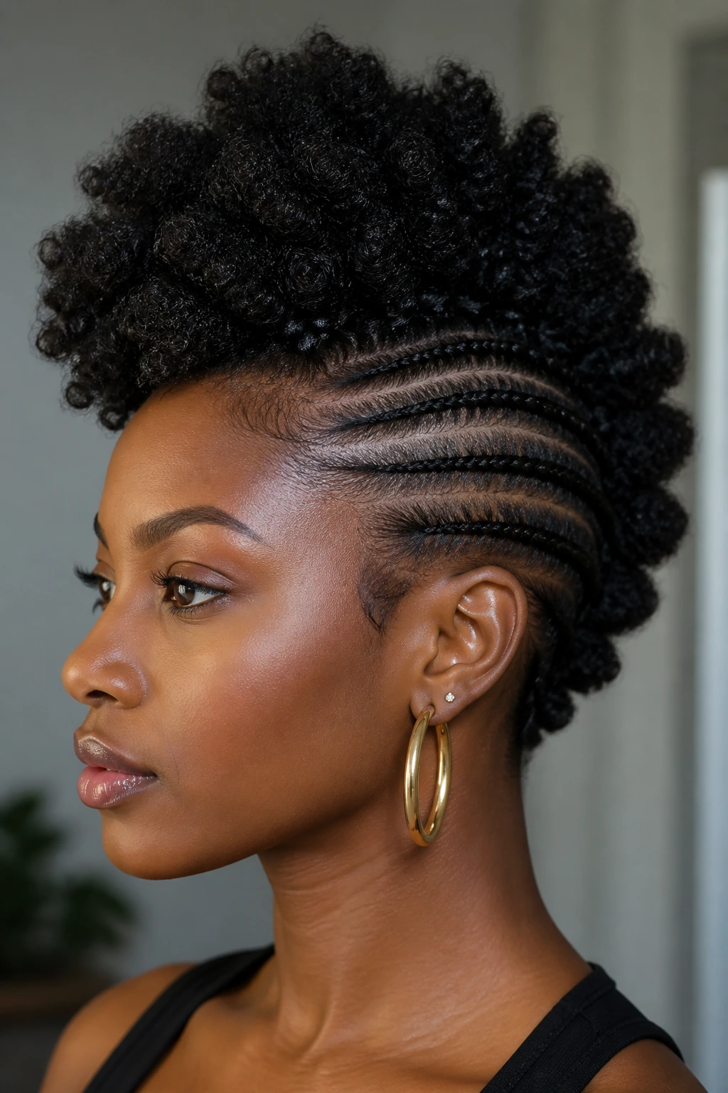 Close-up of a real woman showing a sharp crochet mohawk on natural hair.
