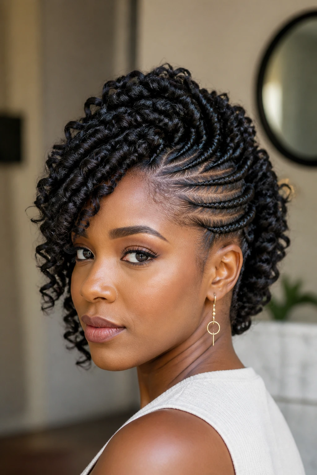 Real person with side-swept braided crochet mohawk, tidy center ridge