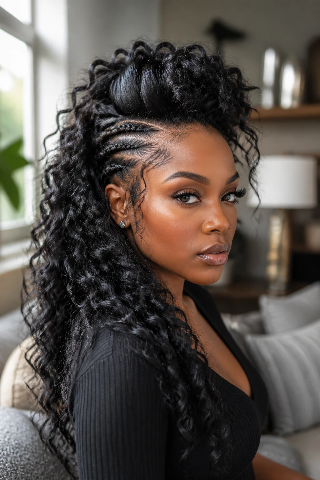 Close-up portrait of a real Black woman with a long water-wave crochet mohawk.