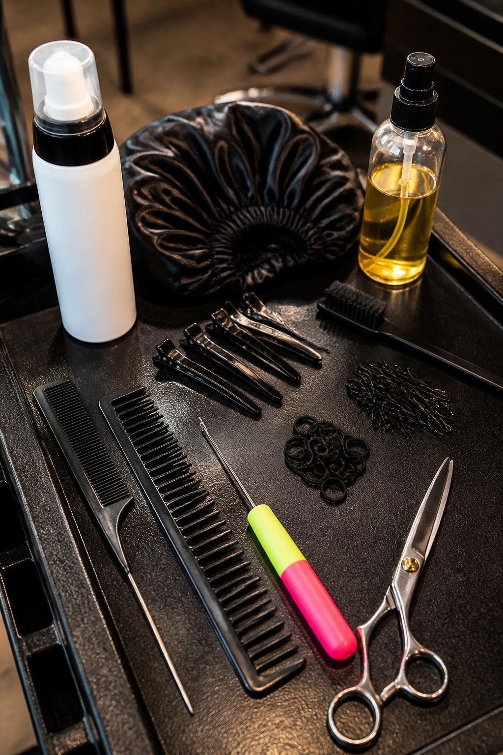 Tools required for crocheted mohawk installation arranged on a salon table