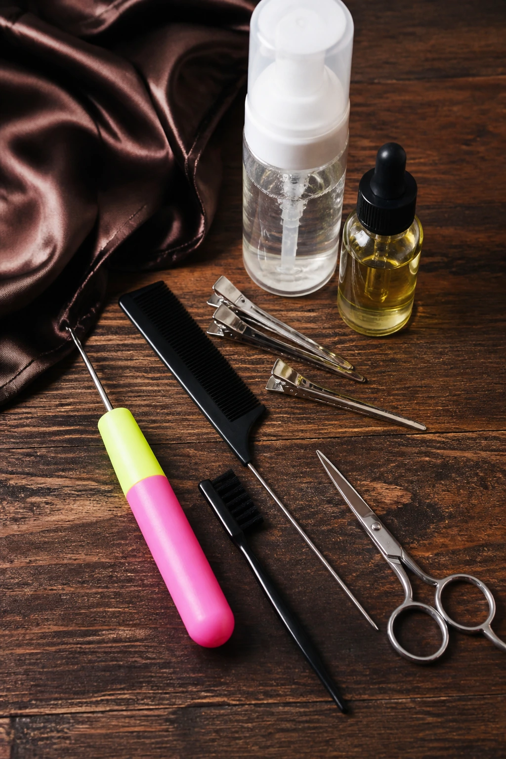 Top-down shot of essential crochet installation tools neatly arranged
