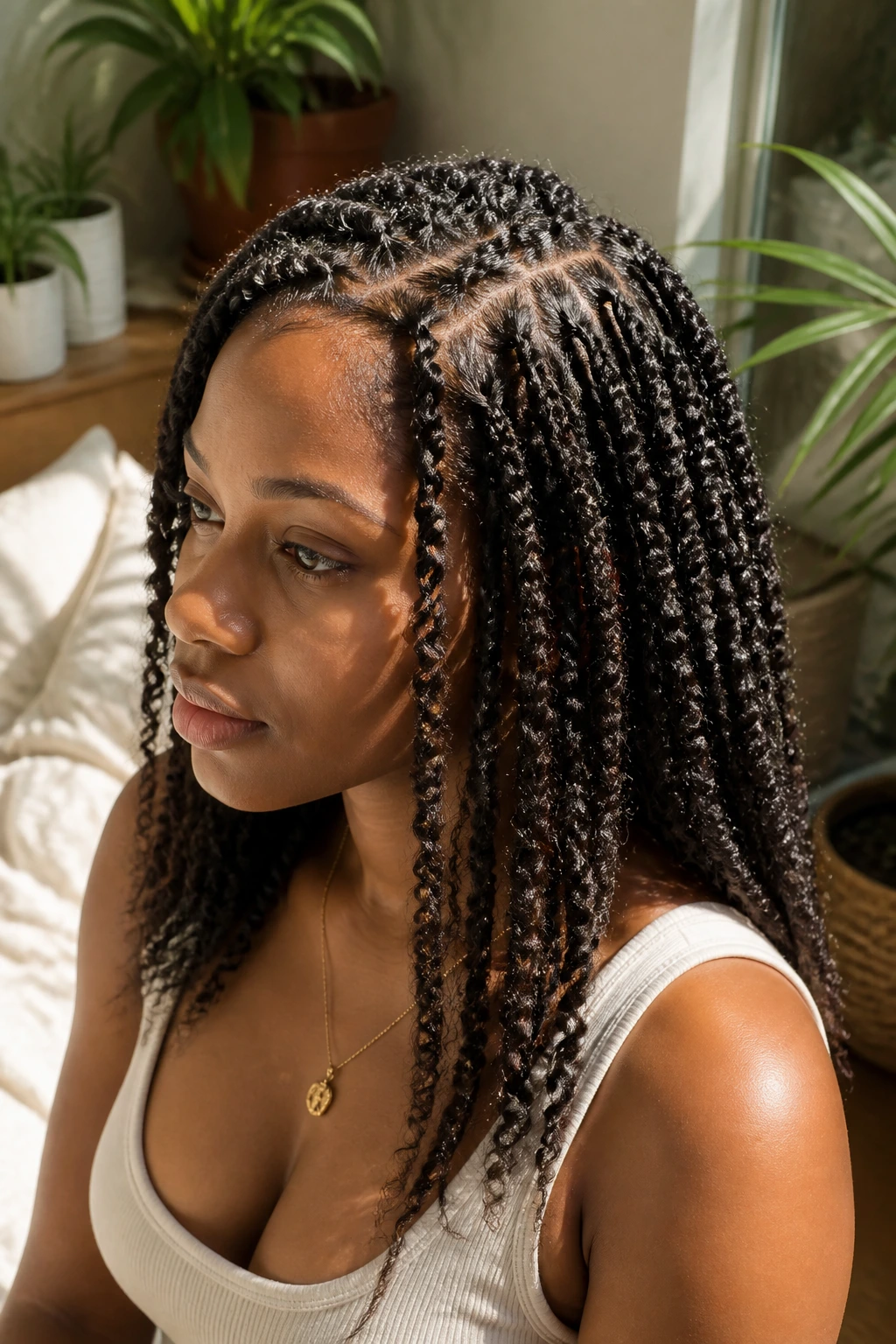 Close-up of a real woman with crochet passion twists