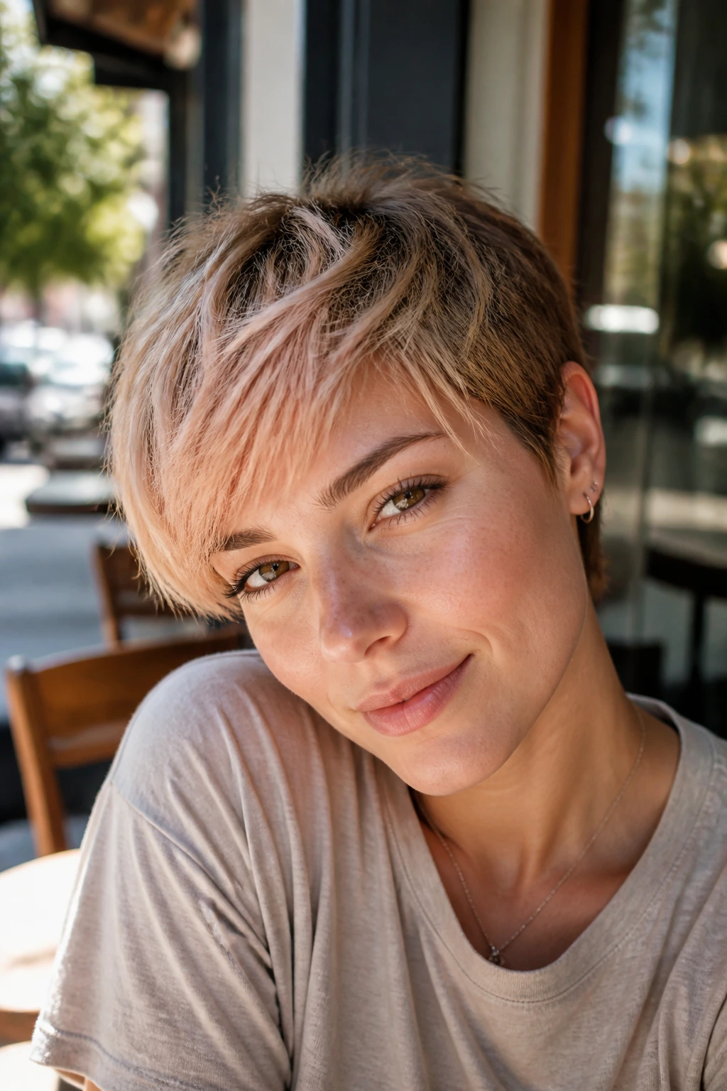 Close-up of a real person with sandy brown to peach blonde crop hairstyle.