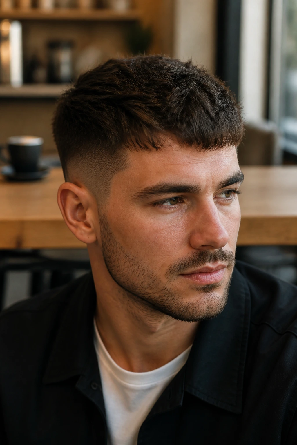 Close-up portrait of a man with a crop-quiff hybrid hairstyle