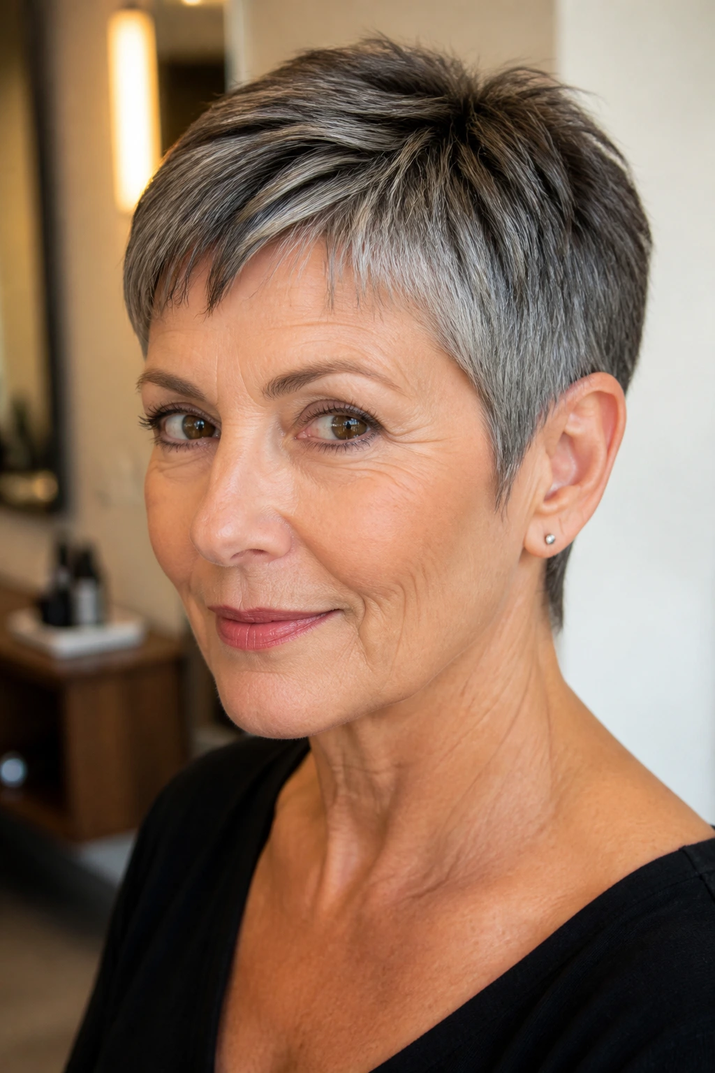 Close-up of a real woman with a salt-and-pepper classic cropped haircut