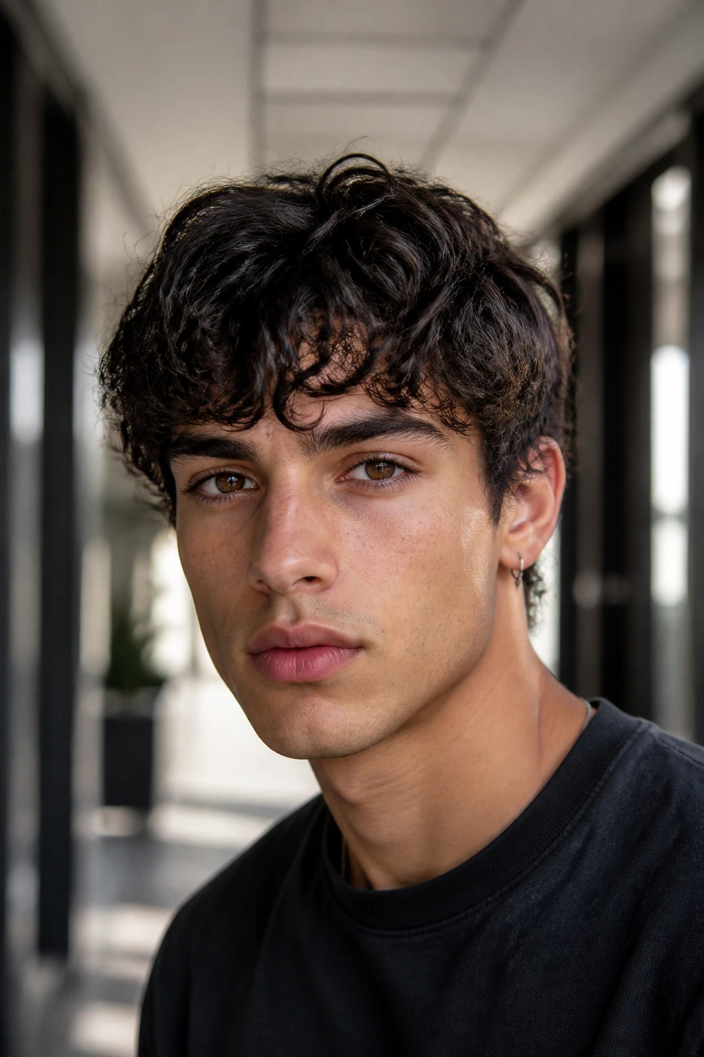 Close-up portrait of a man with crop-shag hybrid hairstyle.