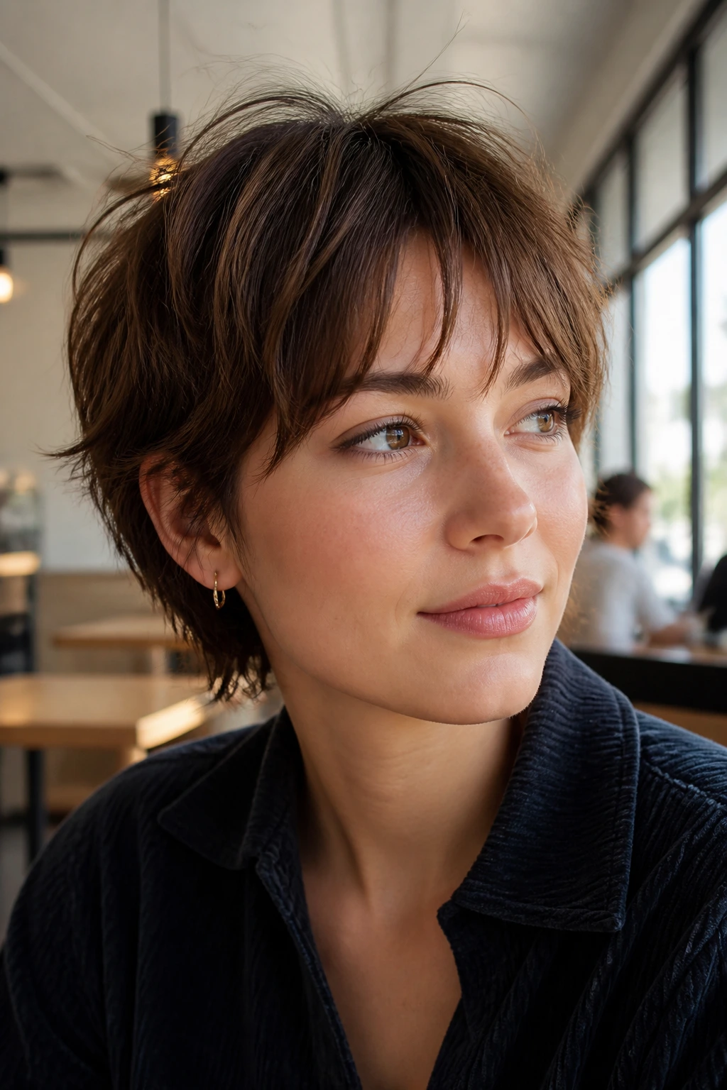 Close-up of real person with messy crop shag and micro curtain bangs