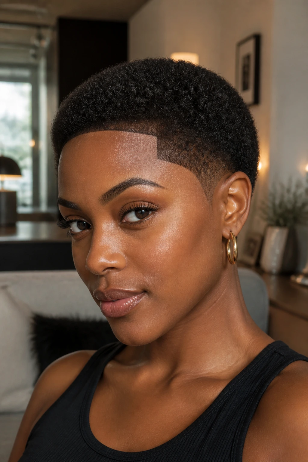 Close-up of a woman with cropped Afro and crisp shape-up in warm indoor lighting