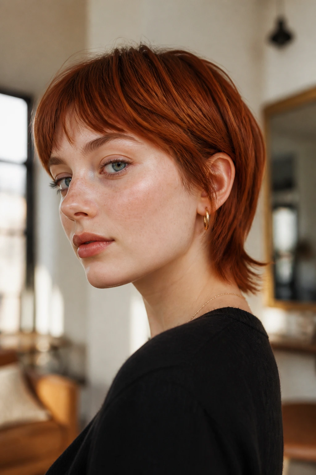 Close-up portrait of a real person with cropped auburn mullet bob under warm window light