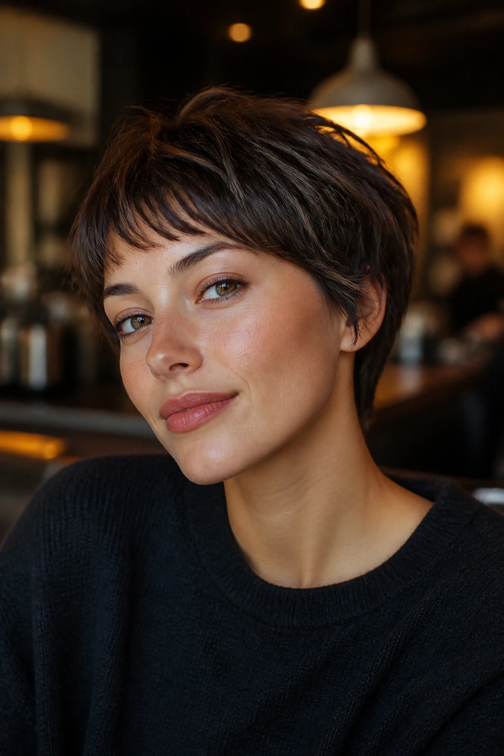 Close-up of real woman with cropped bixie bob and feathered micro bangs in coffee shop