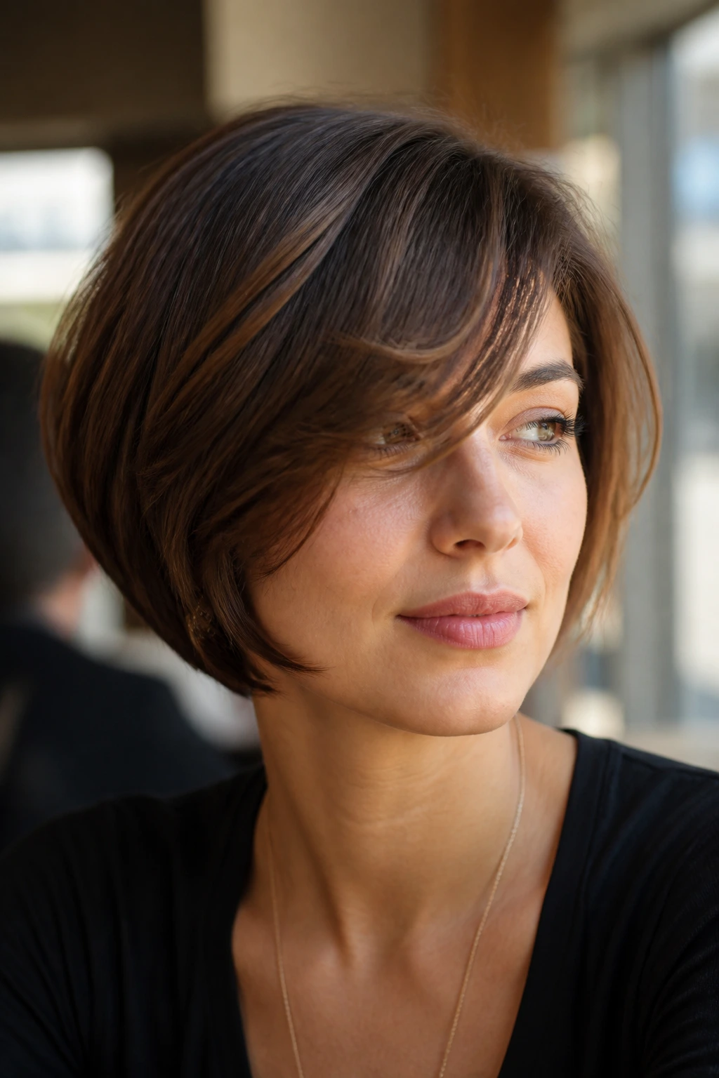 Close-up portrait of a real person with cropped bob and swoopy fringe.