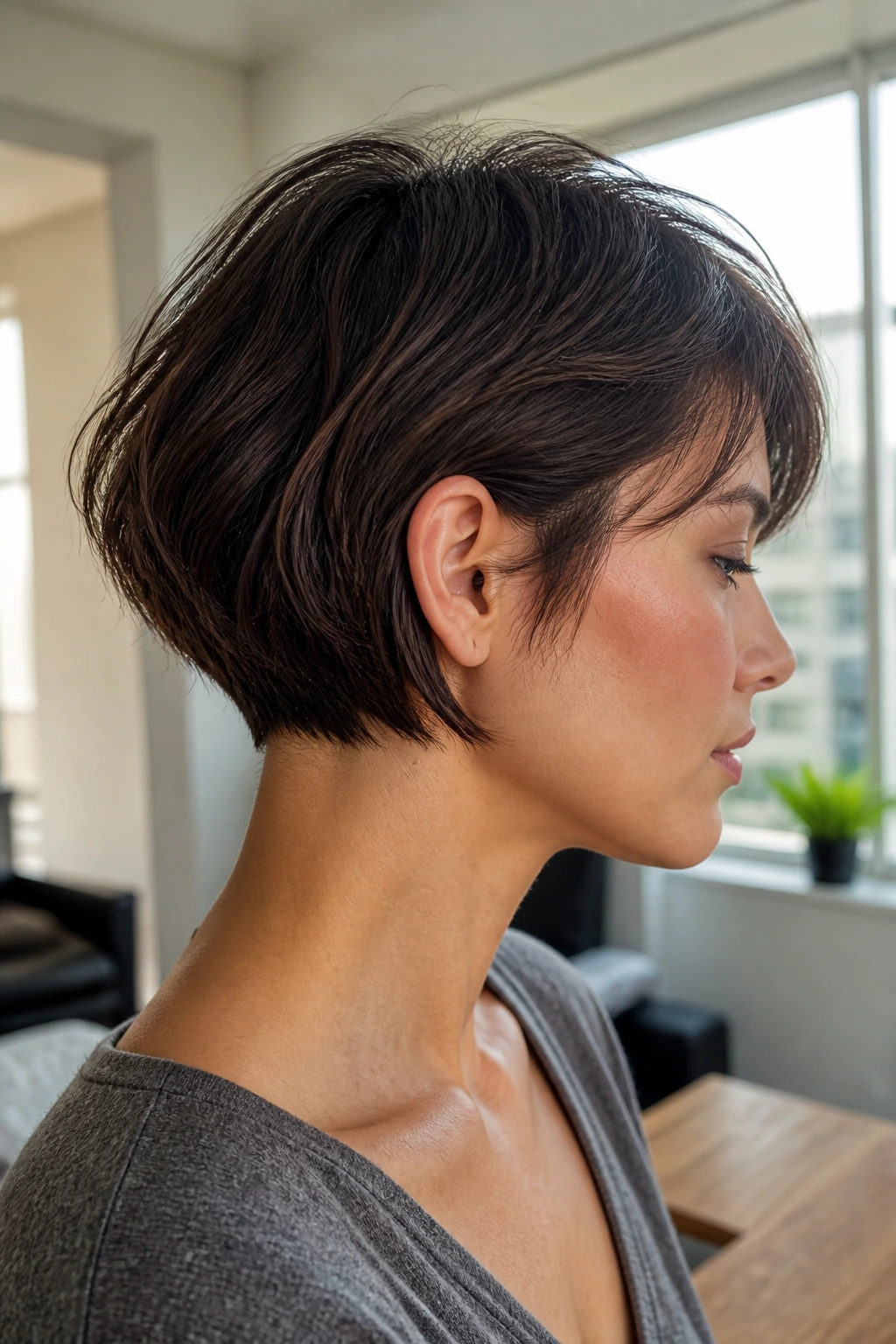 Side-profile of cropped bob with hidden undercut on a real woman