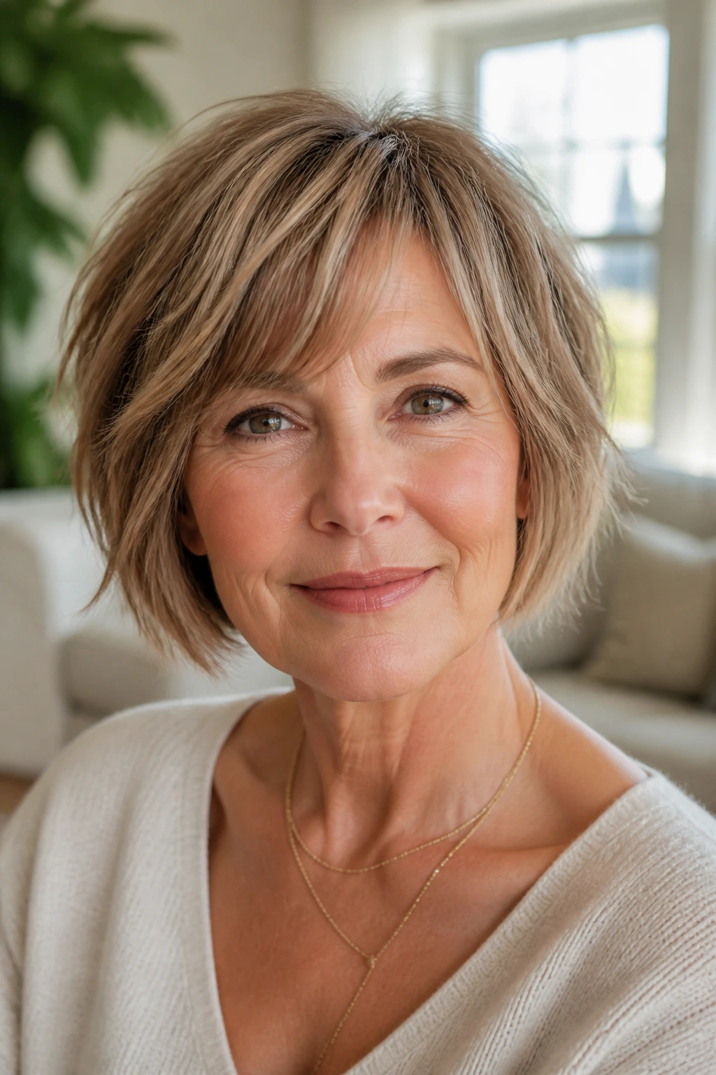 Close-up portrait of a real woman with a cropped bob and wispy ends