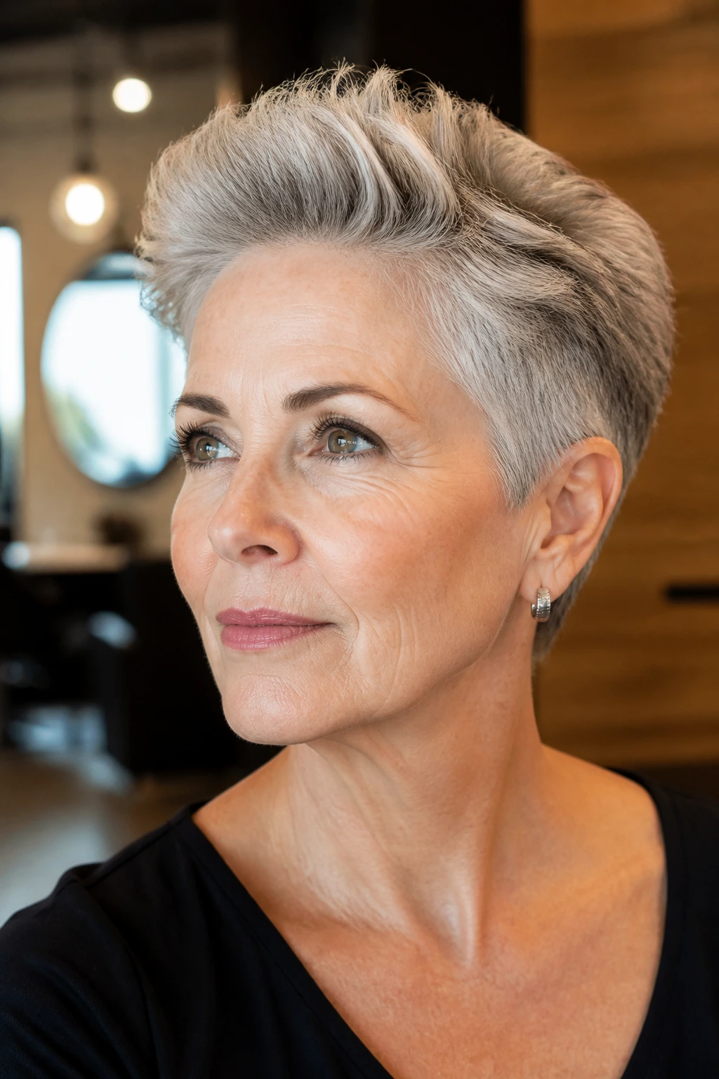 Close-up of a real woman with a short cut lifted at the front.