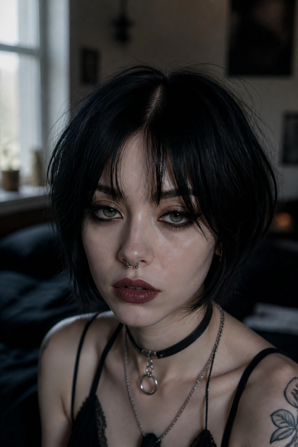 Close-up of a real person with a cropped center split fringe in a cozy bedroom