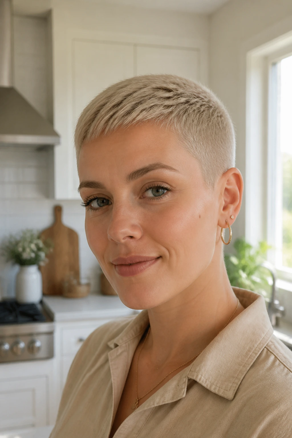 Close-up portrait of a real person with Cropped Crop Pixie in a bright kitchen