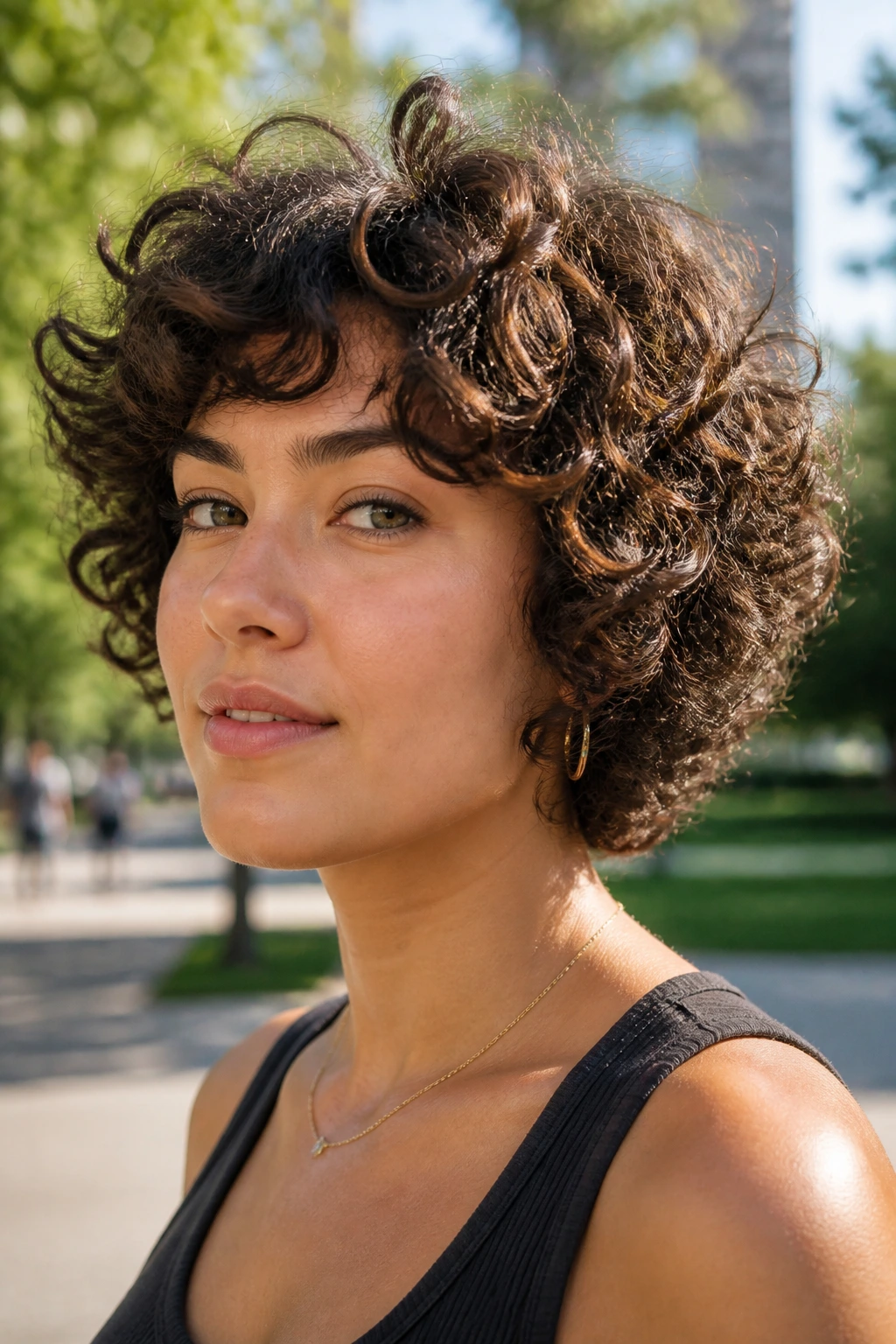 Close-up portrait of a real woman with a cropped curly shag forming a fluffy cloud above the shoulders