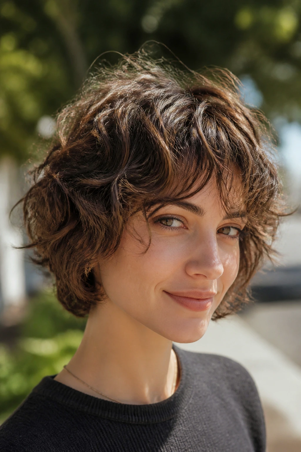 Close-up of a real woman with a cropped curl-enhancing shag