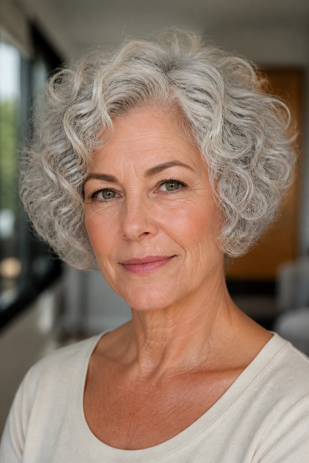 Close-up portrait of a real person with cropped curly bob and diffused volume on gray hair