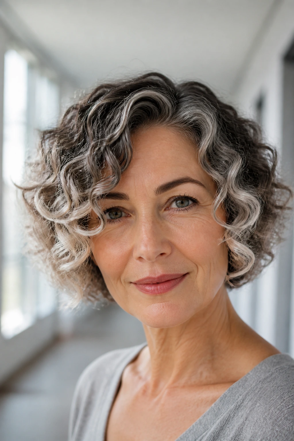 Close-up of a real woman's face with a cropped curly bob and platinum tips