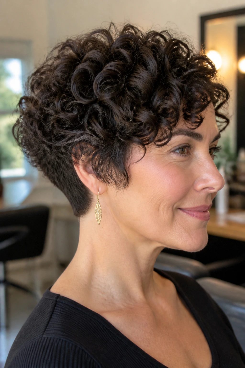 Close-up portrait of a real woman with cropped curly bob and tapered nape in warm salon light